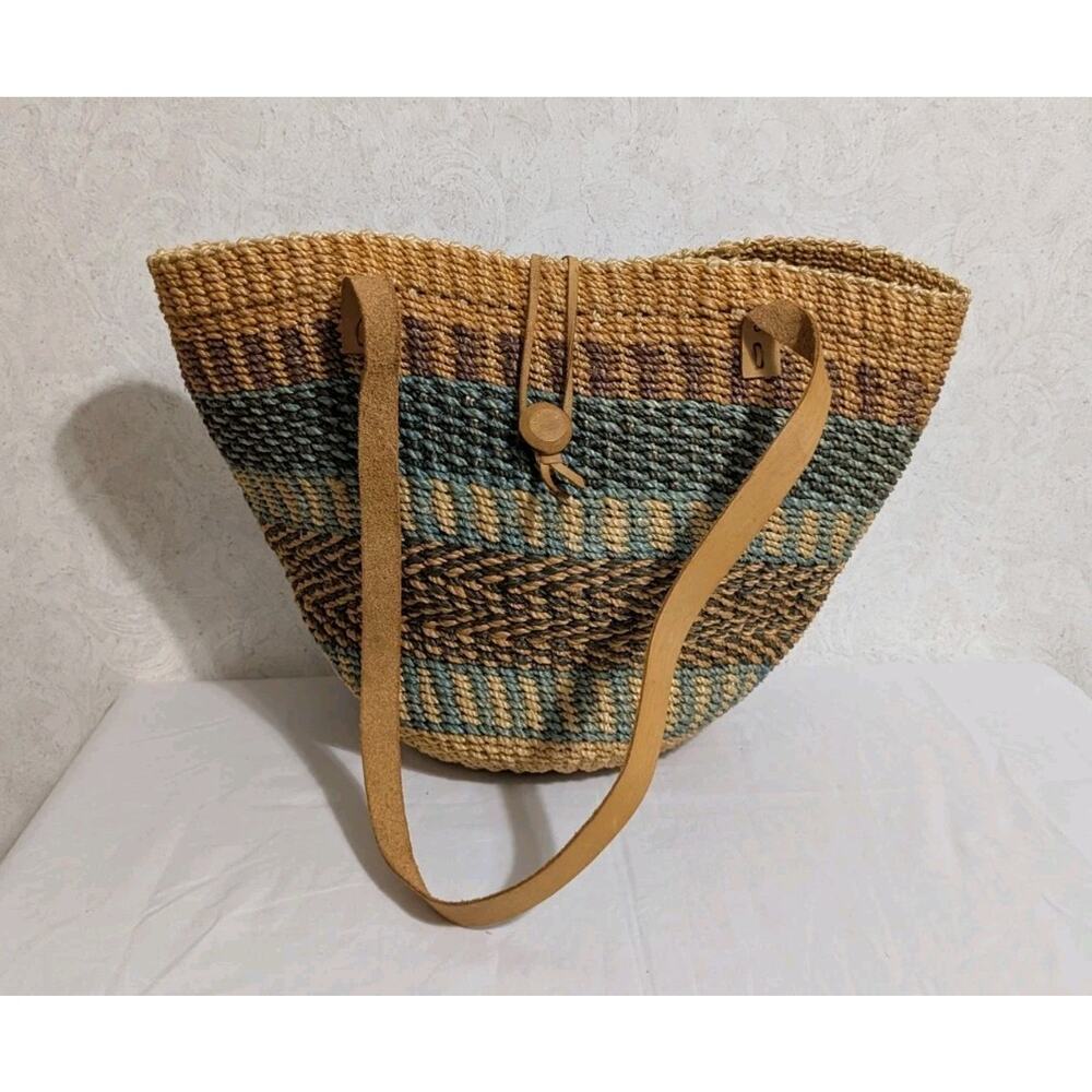 Vintage Handwoven Straw Sisal Tote Bag Leather Straps From Philippines